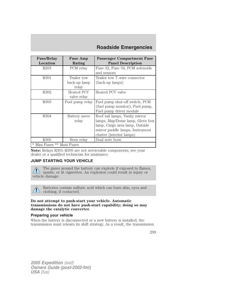 Jump starting your vehicle, Preparing your vehicle, Jump starting | Roadside emergencies | FORD 2005 Expedition v.3 User Manual | Page 299 / 376