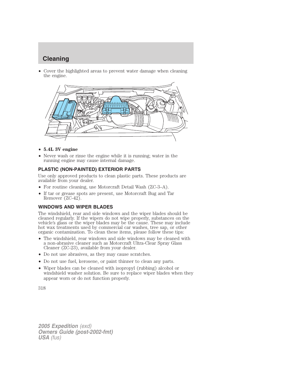 Plastic (non-painted) exterior parts, Windows and wiper blades, Cleaning | FORD 2005 Expedition v.3 User Manual | Page 318 / 376