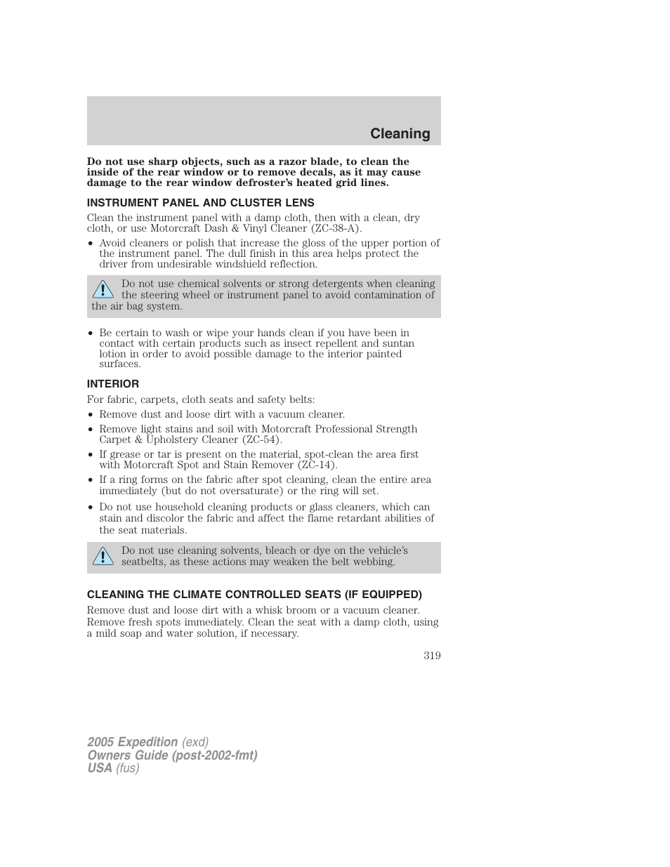 Instrument panel and cluster lens, Interior, Cleaning | FORD 2005 Expedition v.3 User Manual | Page 319 / 376