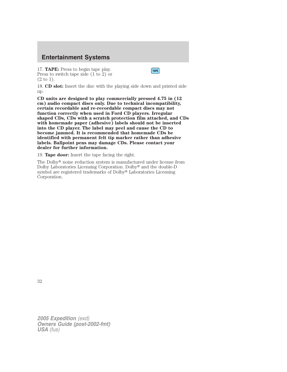 Entertainment systems | FORD 2005 Expedition v.3 User Manual | Page 32 / 376