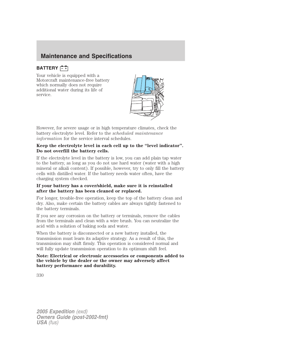 Battery, Maintenance and specifications | FORD 2005 Expedition v.3 User Manual | Page 330 / 376