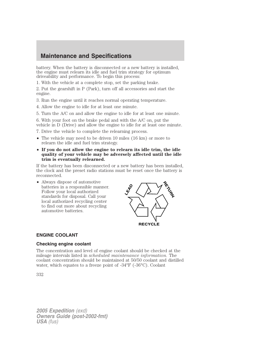 Engine coolant, Checking engine coolant, Maintenance and specifications | FORD 2005 Expedition v.3 User Manual | Page 332 / 376