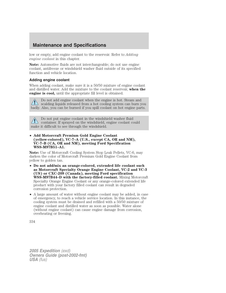 Adding engine coolant, Maintenance and specifications | FORD 2005 Expedition v.3 User Manual | Page 334 / 376