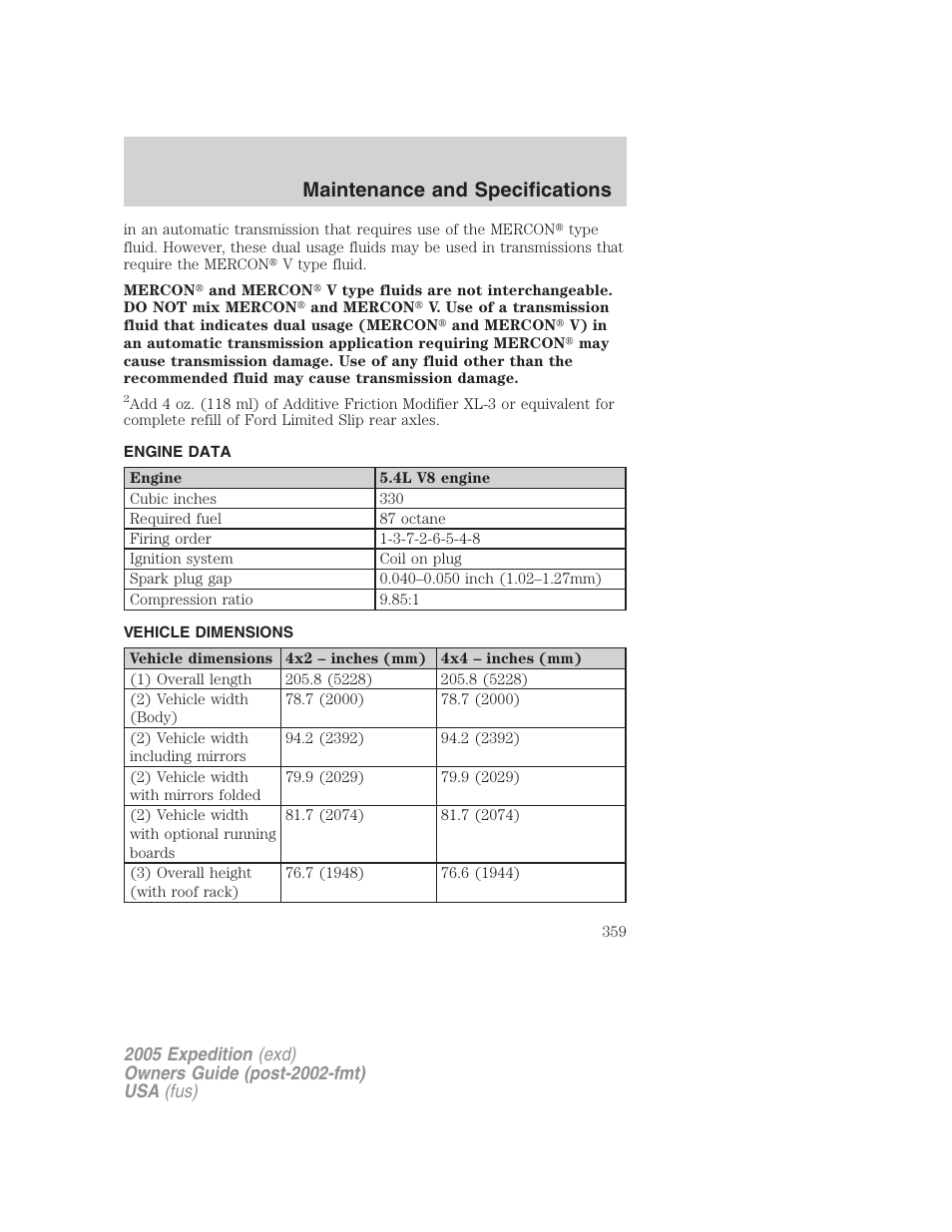 Engine data, Vehicle dimensions, Maintenance and specifications | FORD 2005 Expedition v.3 User Manual | Page 359 / 376