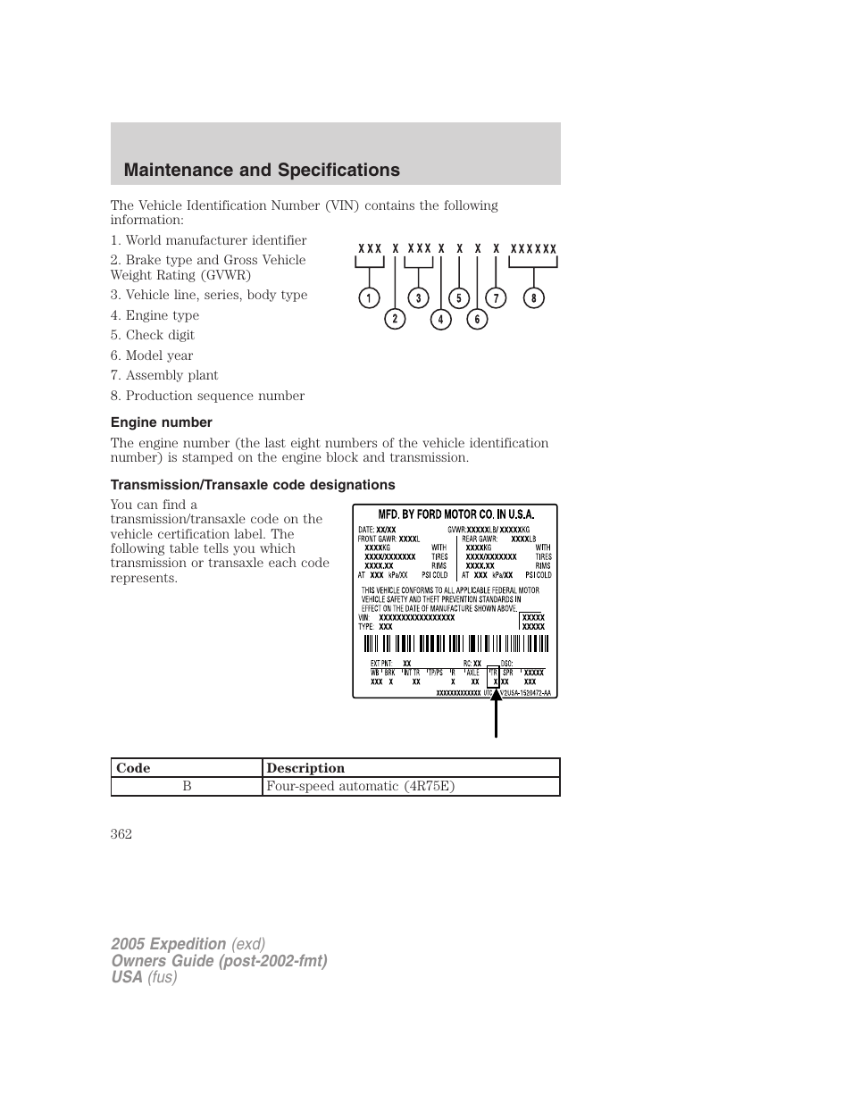 Engine number, Transmission/transaxle code designations, Maintenance and specifications | FORD 2005 Expedition v.3 User Manual | Page 362 / 376