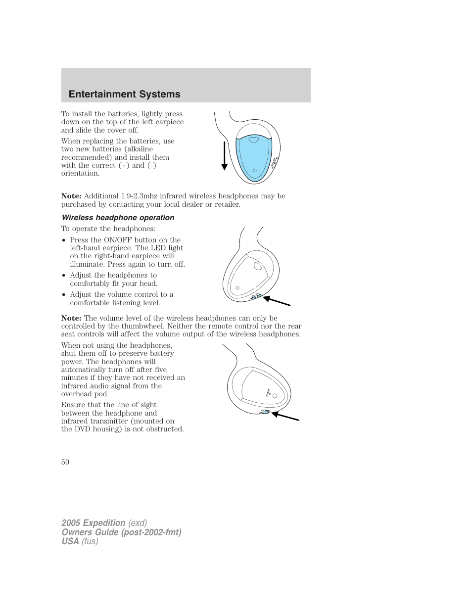 Wireless headphone operation, Entertainment systems | FORD 2005 Expedition v.3 User Manual | Page 50 / 376