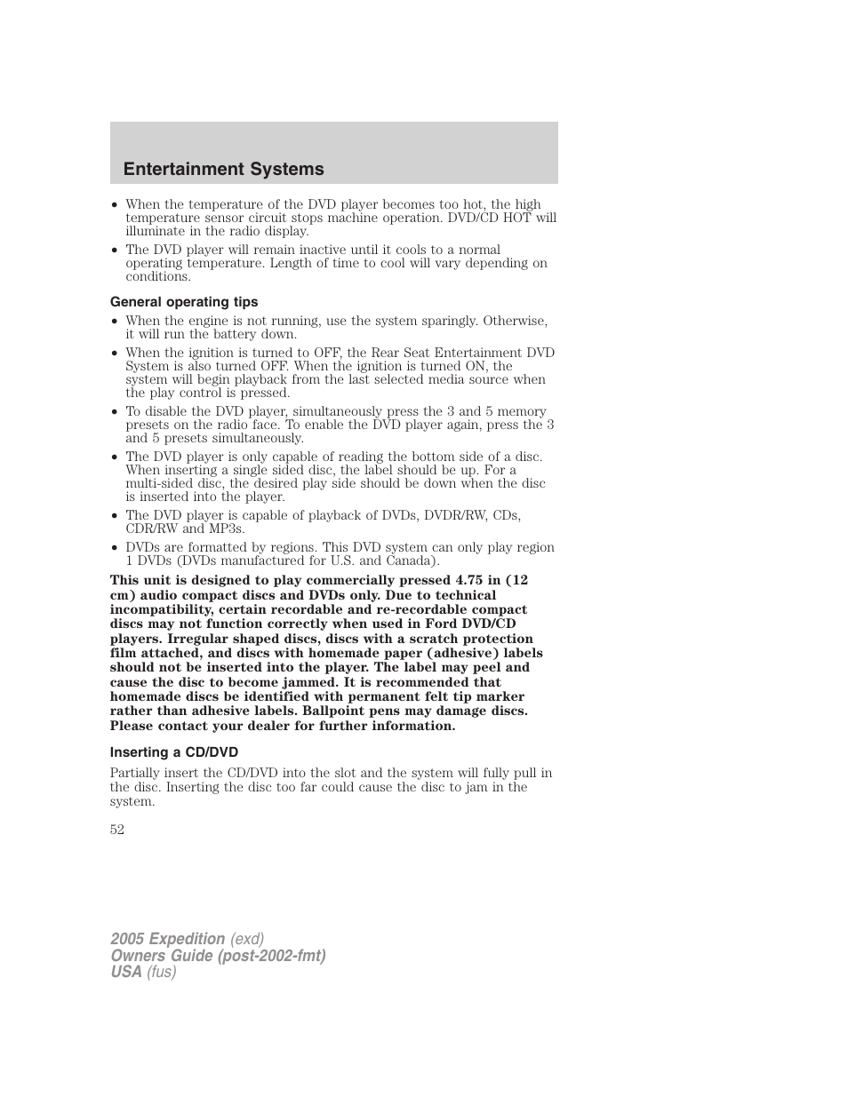 General operating tips, Inserting a cd/dvd, Entertainment systems | FORD 2005 Expedition v.3 User Manual | Page 52 / 376