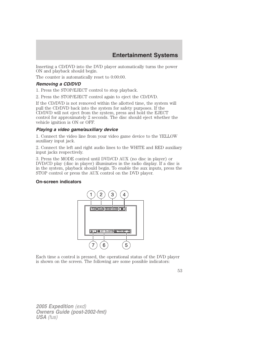 Removing a cd/dvd, Playing a video game/auxiliary device, On-screen indicators | Entertainment systems | FORD 2005 Expedition v.3 User Manual | Page 53 / 376