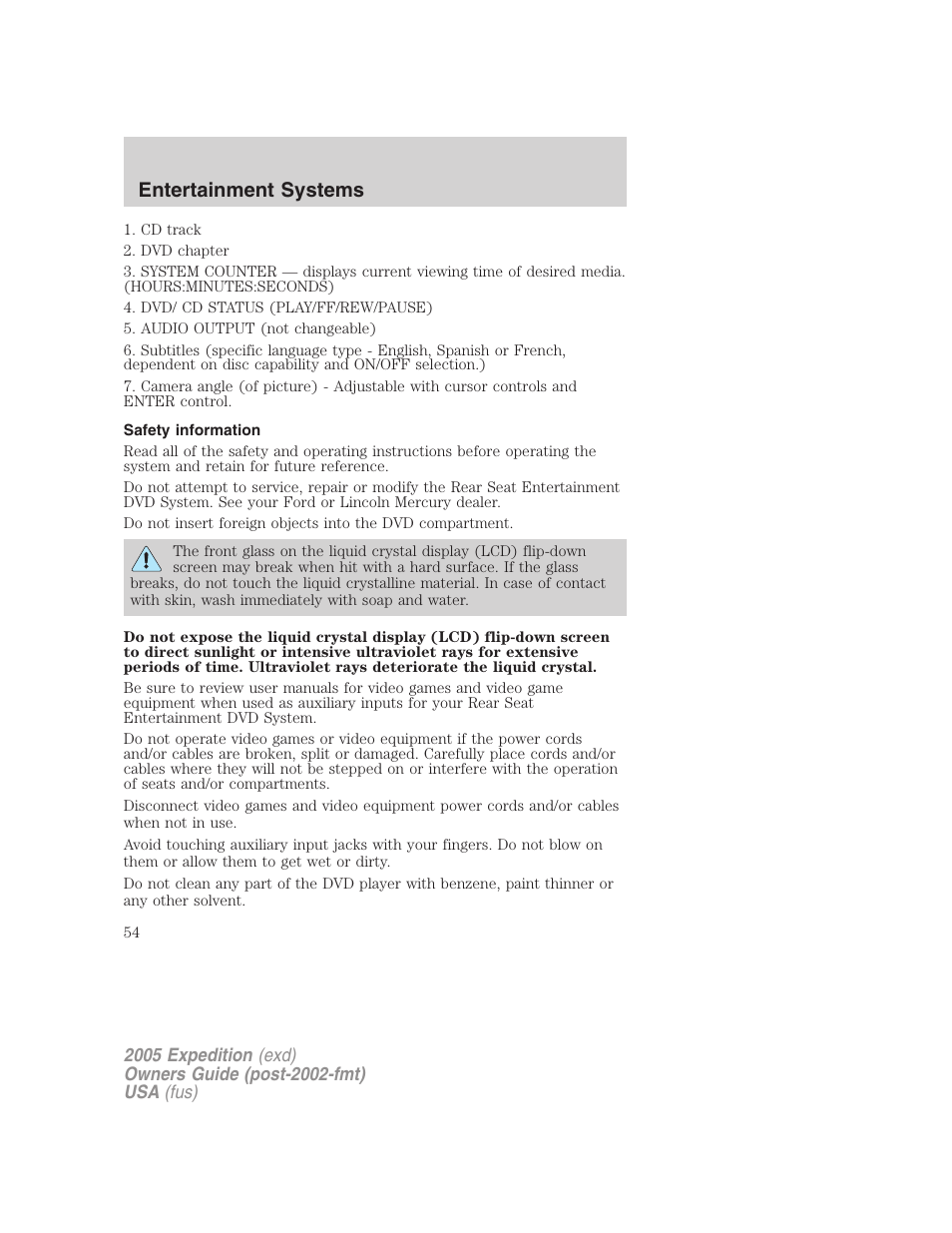 Safety information, Entertainment systems | FORD 2005 Expedition v.3 User Manual | Page 54 / 376