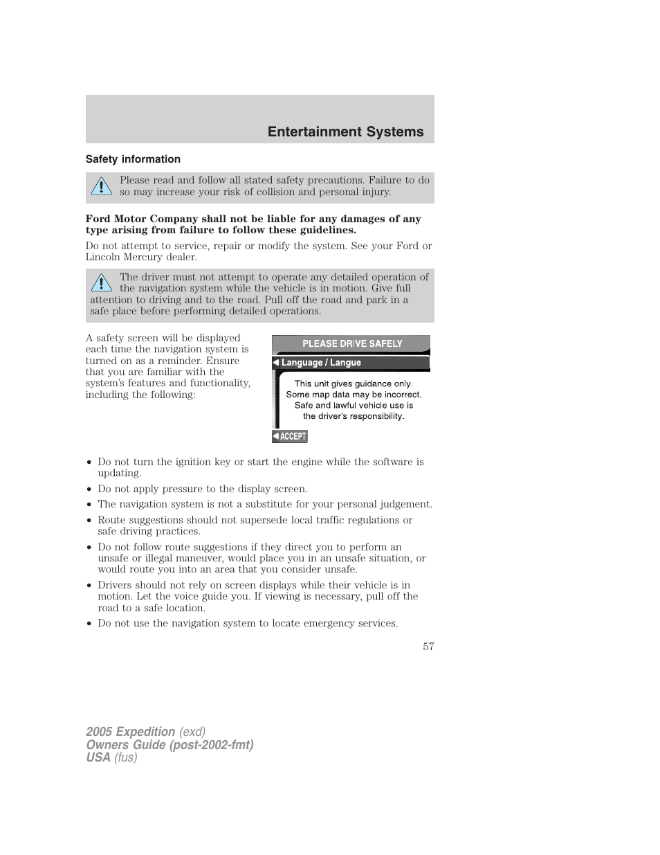 Safety information, Entertainment systems | FORD 2005 Expedition v.3 User Manual | Page 57 / 376