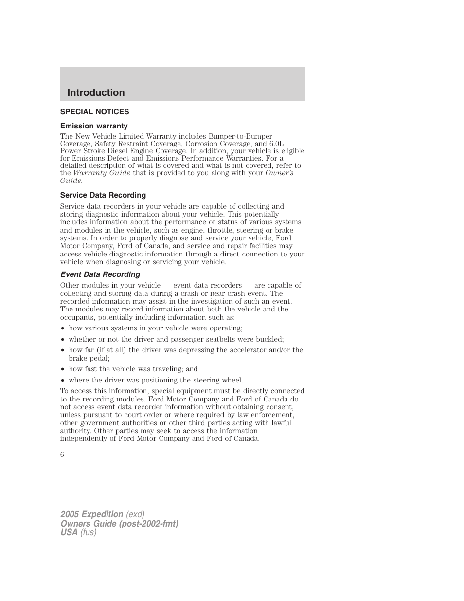 Special notices, Emission warranty, Service data recording | Event data recording, Introduction | FORD 2005 Expedition v.3 User Manual | Page 6 / 376