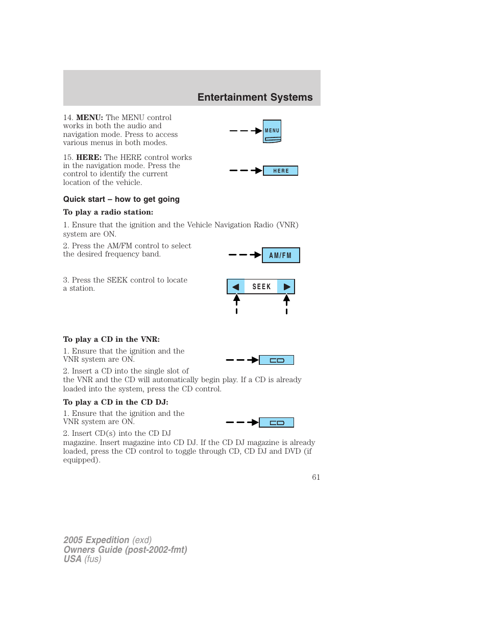 Quick start – how to get going, Entertainment systems | FORD 2005 Expedition v.3 User Manual | Page 61 / 376