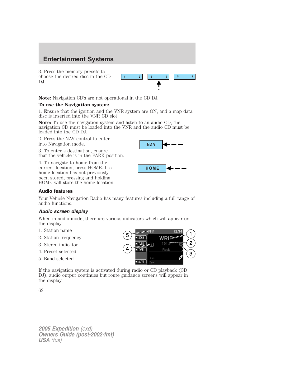 Audio features, Audio screen display, Entertainment systems | FORD 2005 Expedition v.3 User Manual | Page 62 / 376