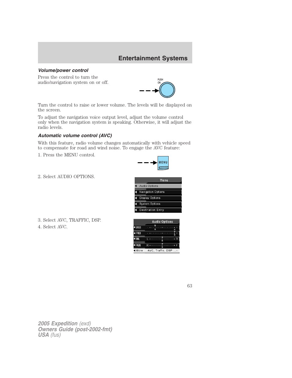 Volume/power control, Automatic volume control (avc), Entertainment systems | FORD 2005 Expedition v.3 User Manual | Page 63 / 376