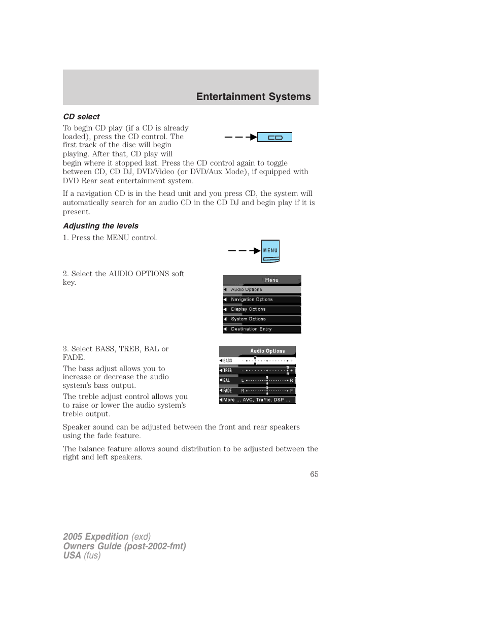 Cd select, Adjusting the levels, Entertainment systems | FORD 2005 Expedition v.3 User Manual | Page 65 / 376