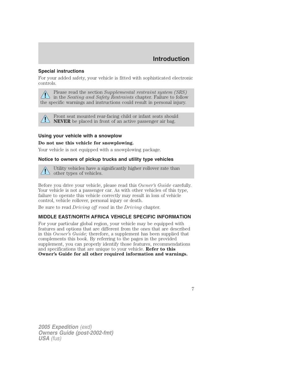 Special instructions, Using your vehicle with a snowplow, Introduction | FORD 2005 Expedition v.3 User Manual | Page 7 / 376