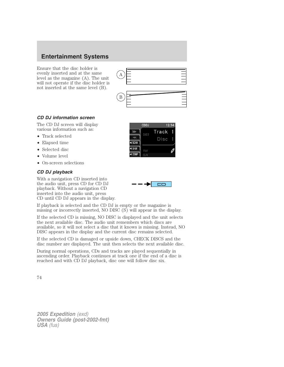 Cd dj information screen, Cd dj playback, Entertainment systems | FORD 2005 Expedition v.3 User Manual | Page 74 / 376