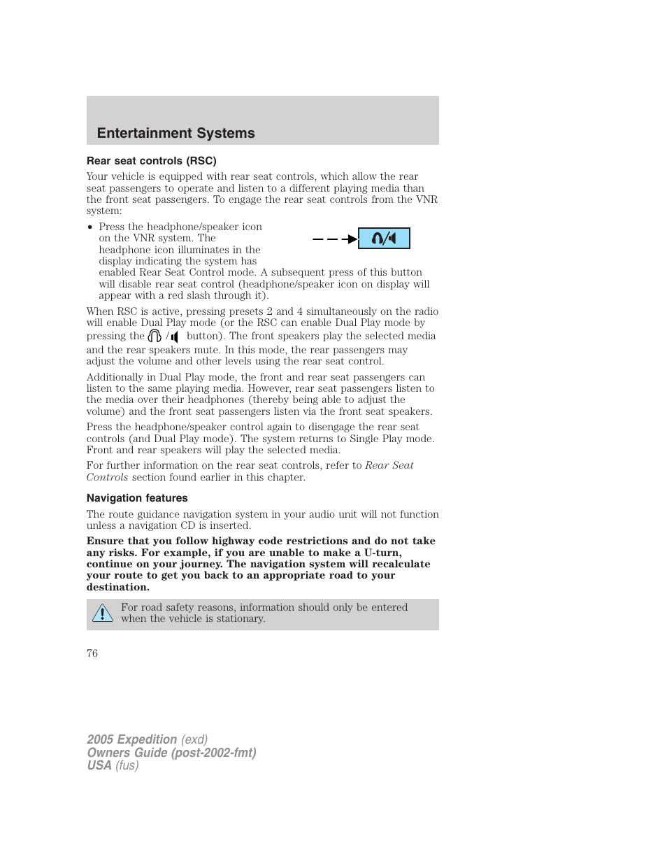 Rear seat controls (rsc), Navigation features, Entertainment systems | FORD 2005 Expedition v.3 User Manual | Page 76 / 376