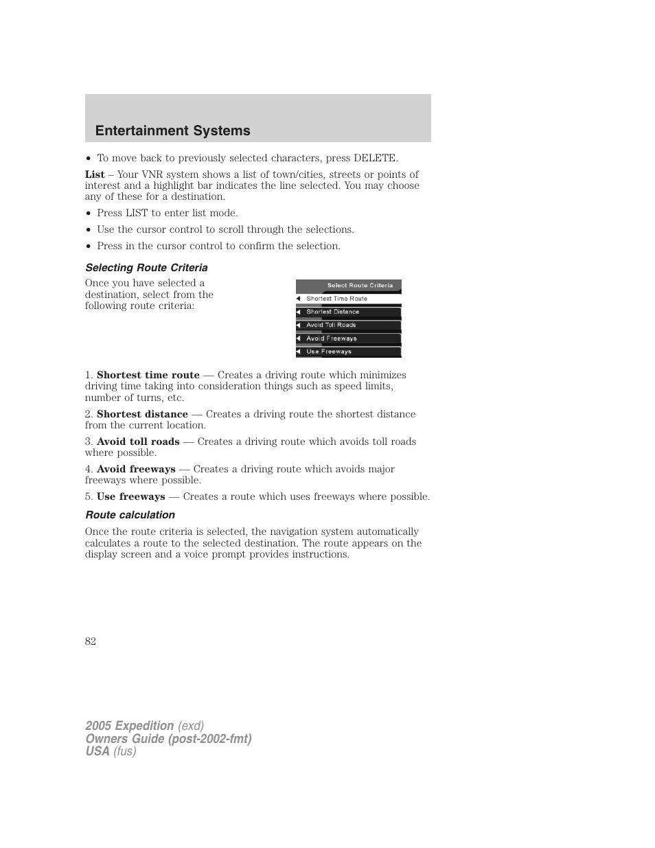 Selecting route criteria, Route calculation, Entertainment systems | FORD 2005 Expedition v.3 User Manual | Page 82 / 376
