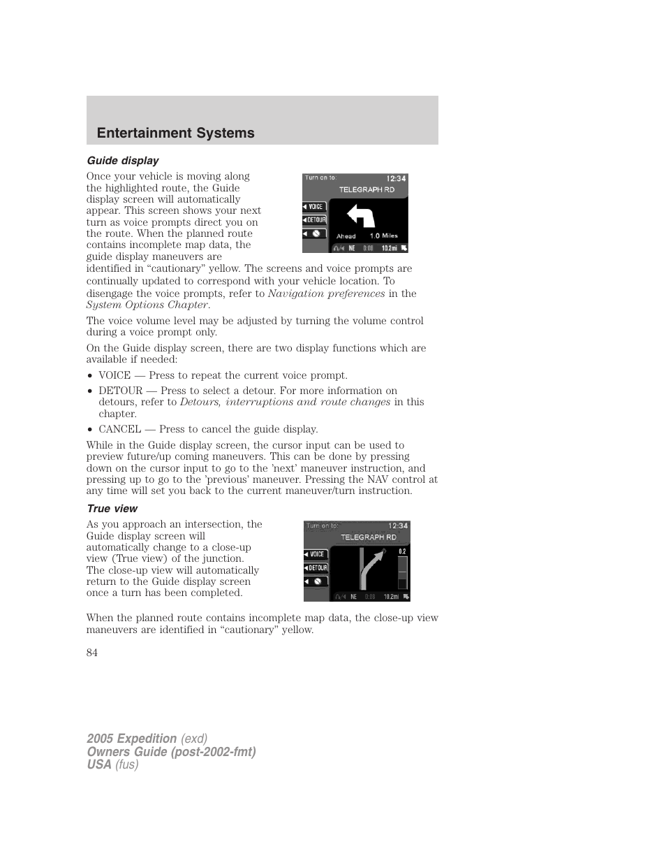 Guide display, True view, Entertainment systems | FORD 2005 Expedition v.3 User Manual | Page 84 / 376