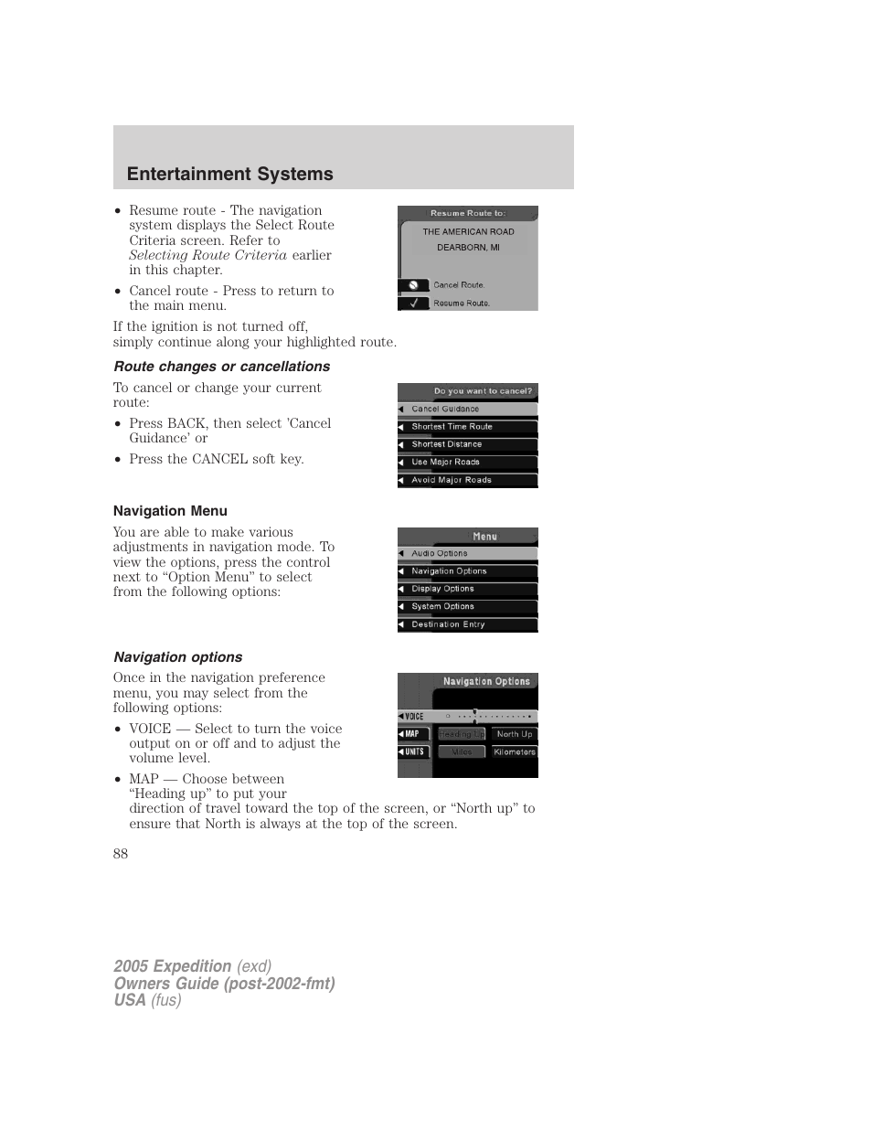 Route changes or cancellations, Navigation menu, Navigation options | Entertainment systems | FORD 2005 Expedition v.3 User Manual | Page 88 / 376
