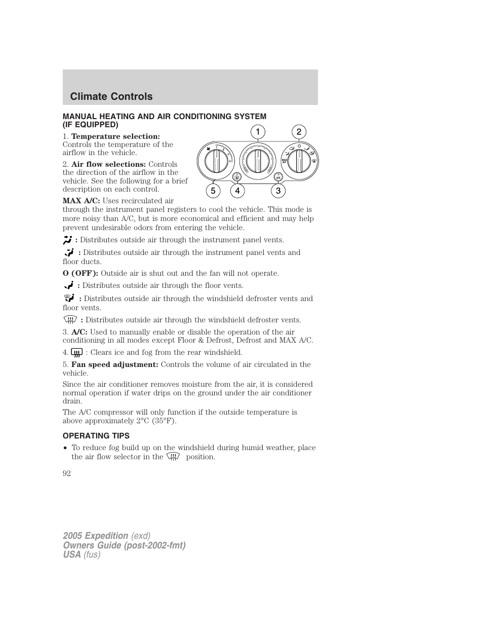 Climate controls, Operating tips, Manual heating and air conditioning | FORD 2005 Expedition v.3 User Manual | Page 92 / 376