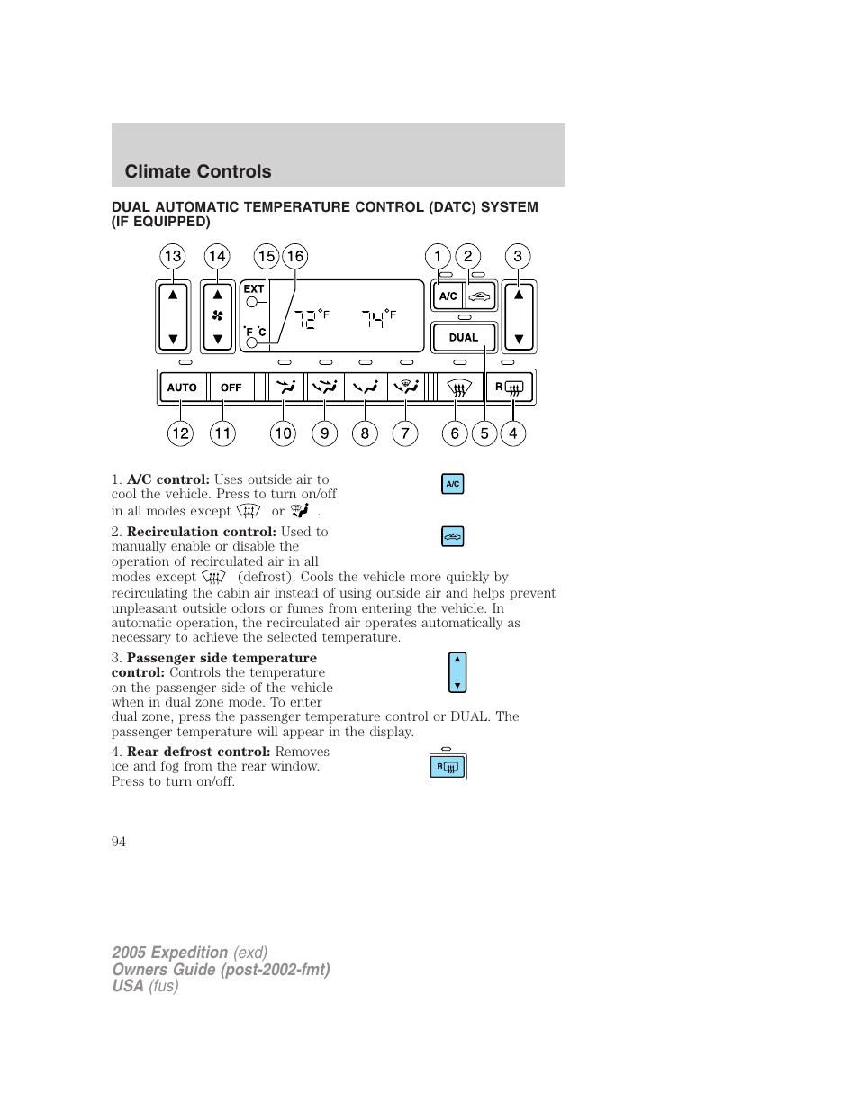 Climate controls | FORD 2005 Expedition v.3 User Manual | Page 94 / 376