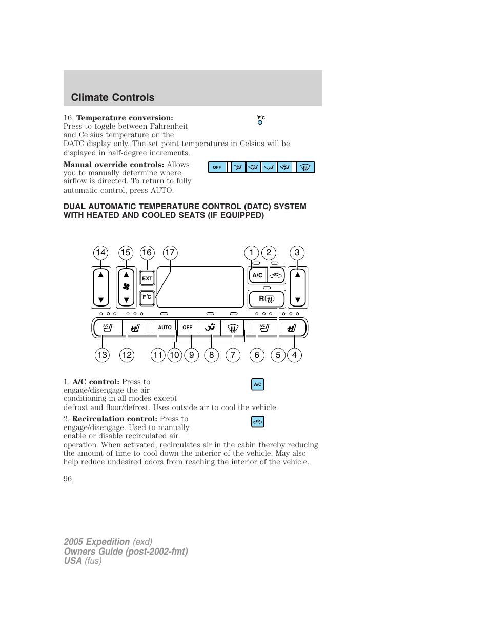 Automatic temperature control, Climate controls | FORD 2005 Expedition v.3 User Manual | Page 96 / 376