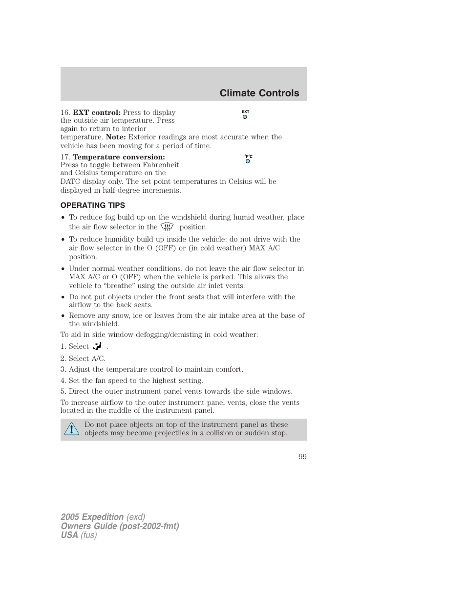 Operating tips, Climate controls | FORD 2005 Expedition v.3 User Manual | Page 99 / 376