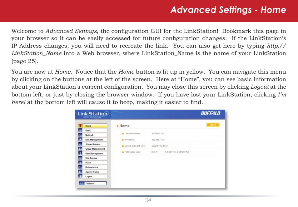 Advanced settings - home | Buffalo Technology LinkStation Live Shared Network Storage User Manual | Page 24 / 76