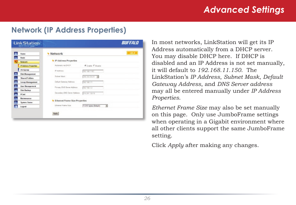 Advanced settings, Network (ip address properties) | Buffalo Technology LinkStation Live Shared Network Storage User Manual | Page 26 / 76