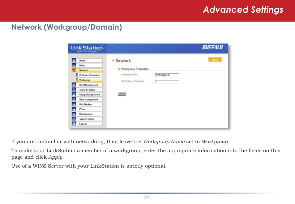 Advanced settings, Network (workgroup/domain) | Buffalo Technology LinkStation Live Shared Network Storage User Manual | Page 27 / 76