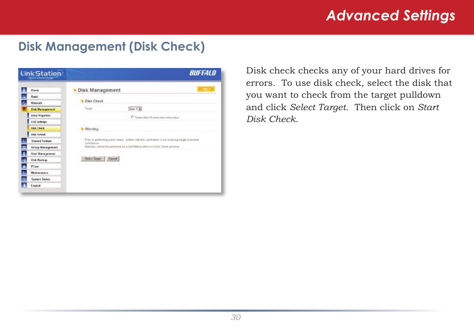 Advanced settings, Disk management (disk check) | Buffalo Technology LinkStation Live Shared Network Storage User Manual | Page 30 / 76