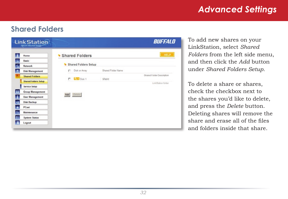 Advanced settings, Shared folders | Buffalo Technology LinkStation Live Shared Network Storage User Manual | Page 32 / 76