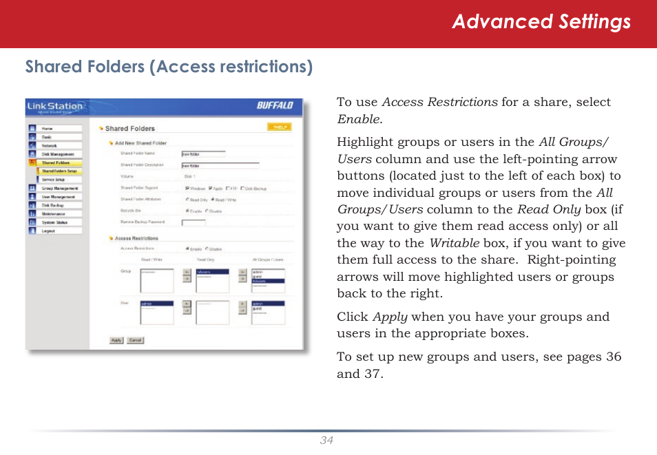 Advanced settings, Shared folders (access restrictions) | Buffalo Technology LinkStation Live Shared Network Storage User Manual | Page 34 / 76