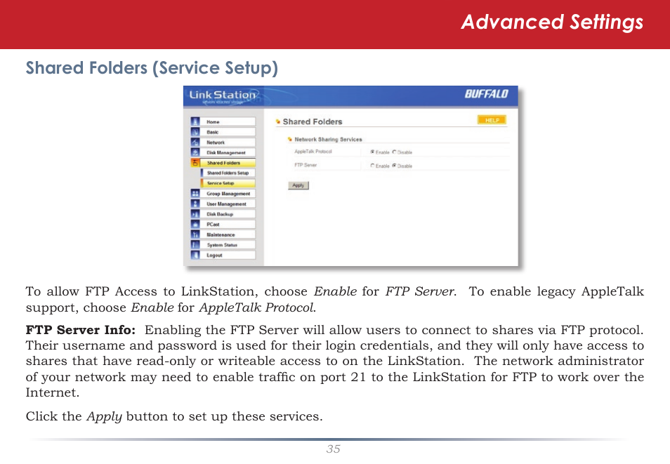 Advanced settings, Shared folders (service setup) | Buffalo Technology LinkStation Live Shared Network Storage User Manual | Page 35 / 76