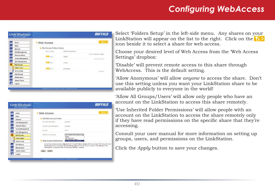 Configuring webaccess | Buffalo Technology LinkStation Live Shared Network Storage User Manual | Page 40 / 76
