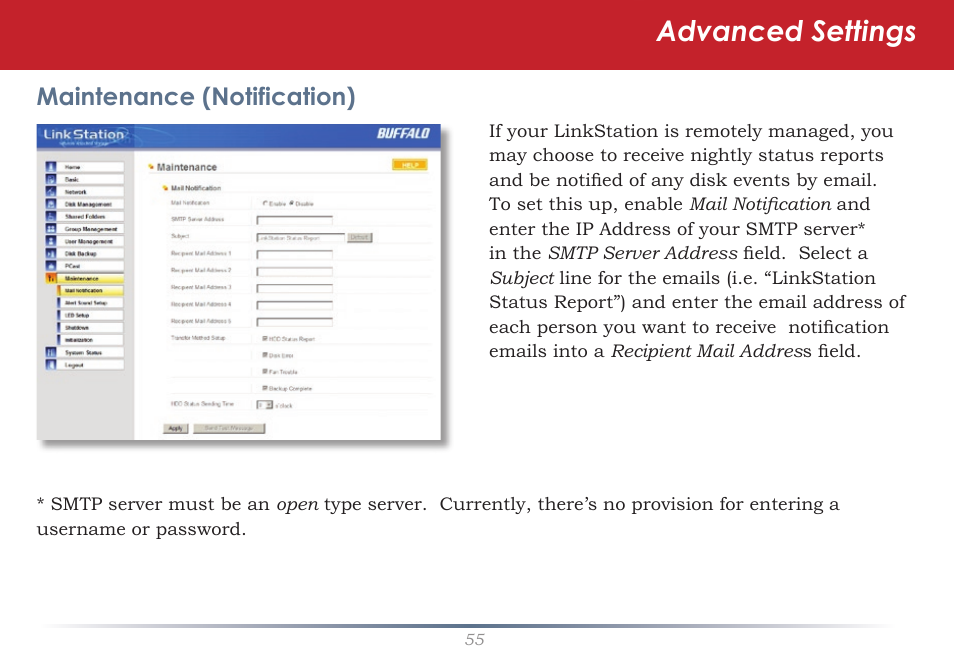 Advanced settings, Maintenance (notification) | Buffalo Technology LinkStation Live Shared Network Storage User Manual | Page 55 / 76