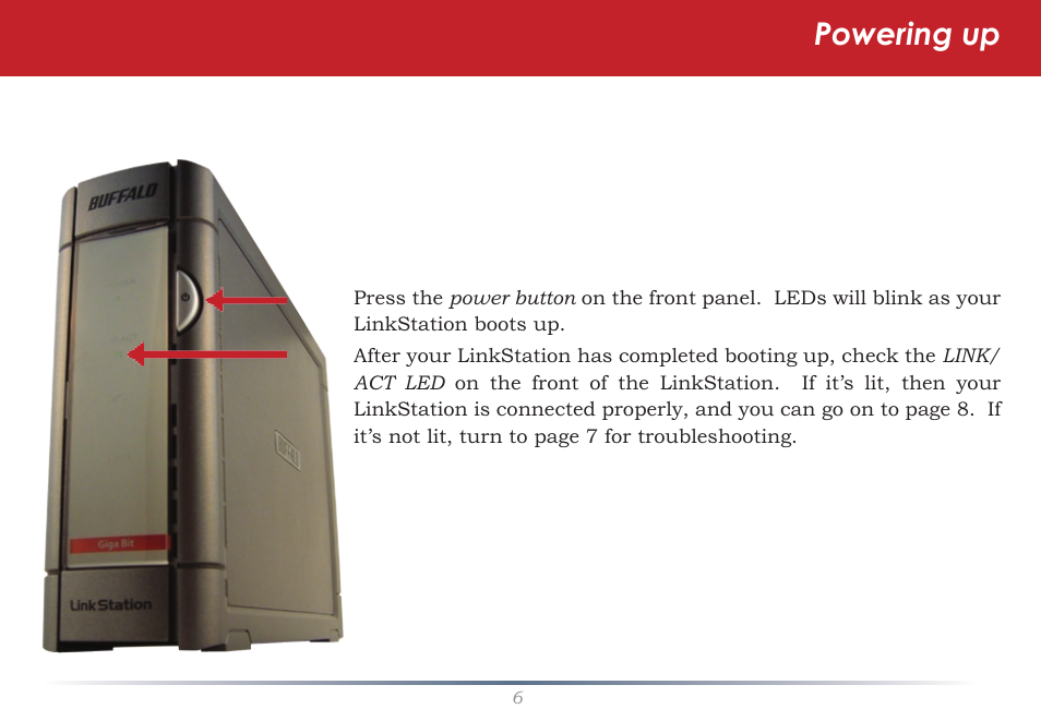 Powering up | Buffalo Technology LinkStation Live Shared Network Storage User Manual | Page 6 / 76