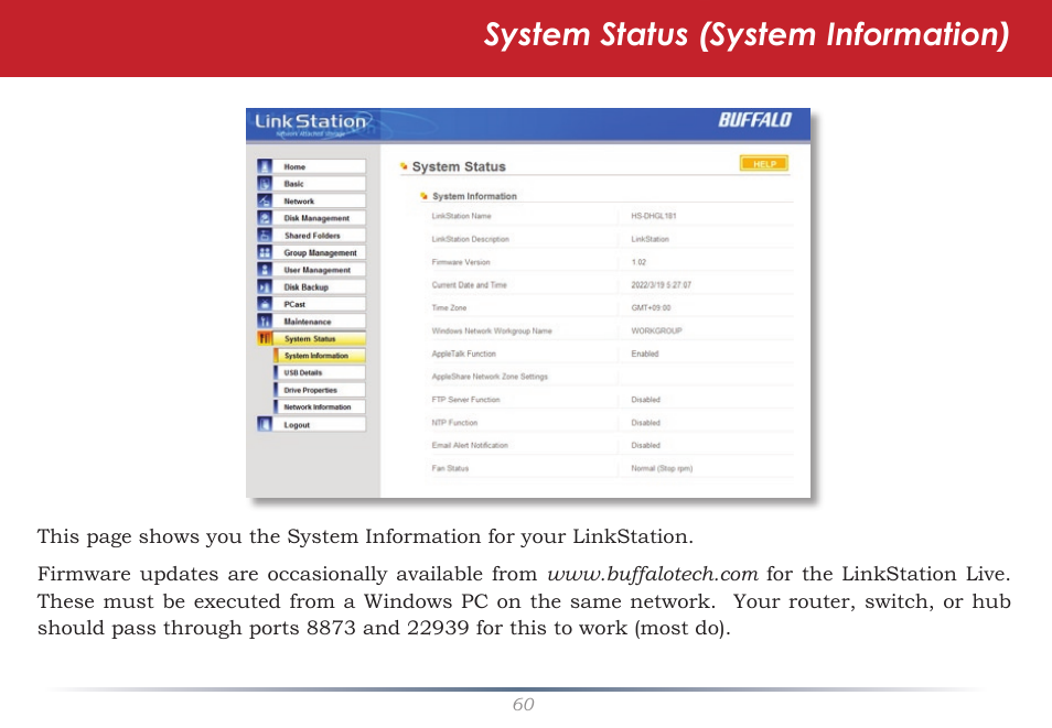 System status (system information) | Buffalo Technology LinkStation Live Shared Network Storage User Manual | Page 60 / 76