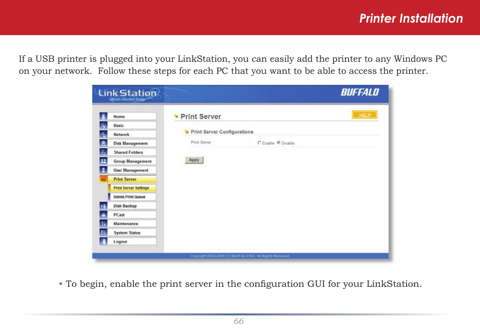 Printer installation | Buffalo Technology LinkStation Live Shared Network Storage User Manual | Page 66 / 76
