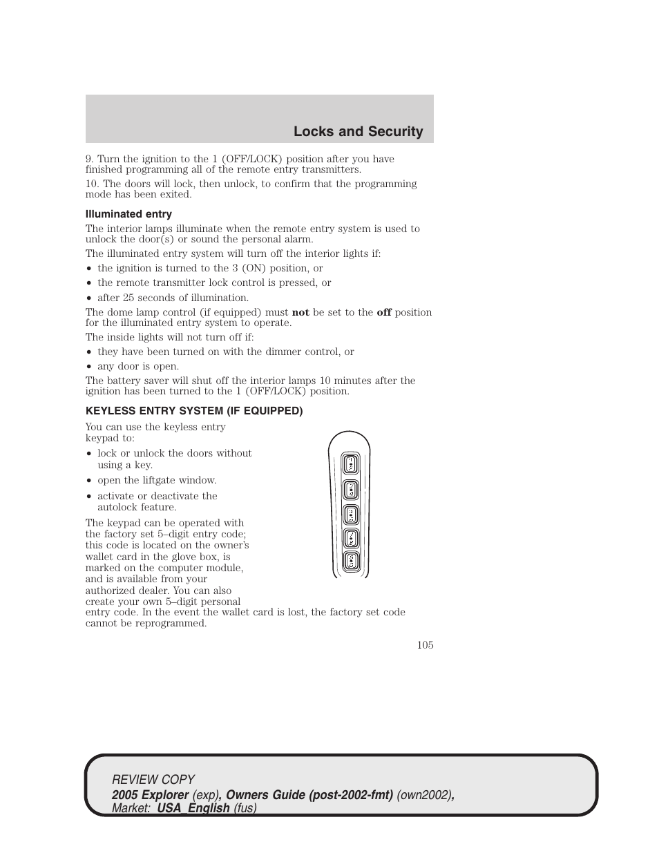 Locks and security | FORD 2005 Explorer v.1 User Manual | Page 105 / 320