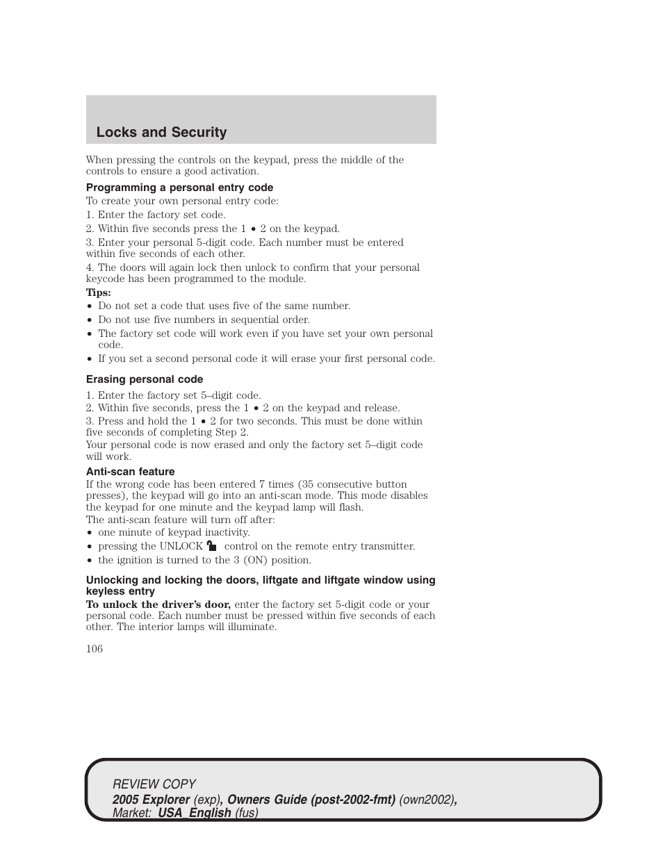 Locks and security | FORD 2005 Explorer v.1 User Manual | Page 106 / 320