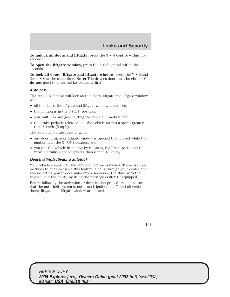 Locks and security | FORD 2005 Explorer v.1 User Manual | Page 107 / 320