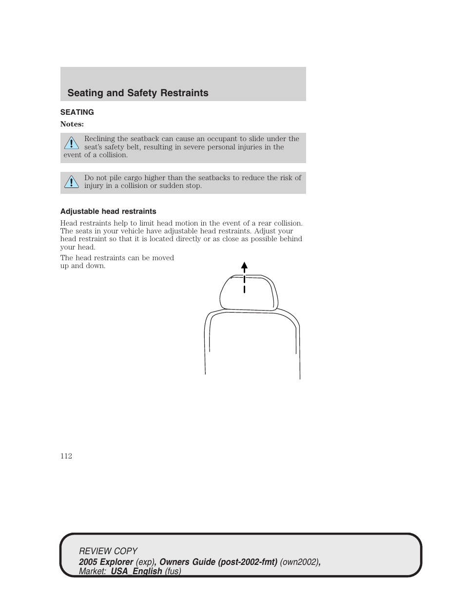 Seating and safety restraints | FORD 2005 Explorer v.1 User Manual | Page 112 / 320