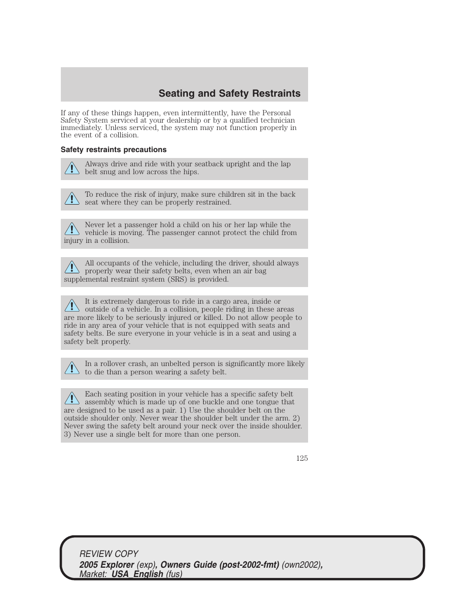 Seating and safety restraints | FORD 2005 Explorer v.1 User Manual | Page 125 / 320
