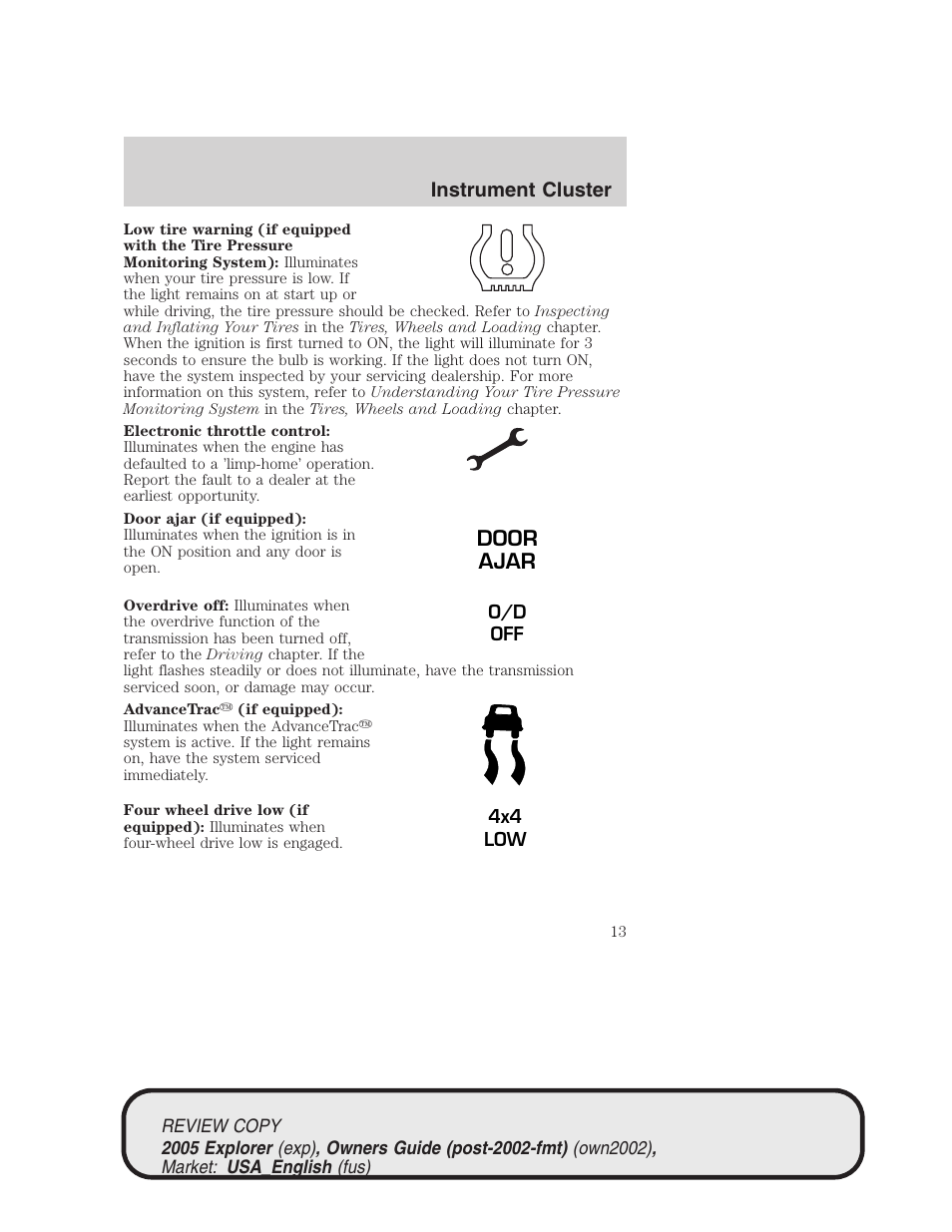 Door ajar | FORD 2005 Explorer v.1 User Manual | Page 13 / 320