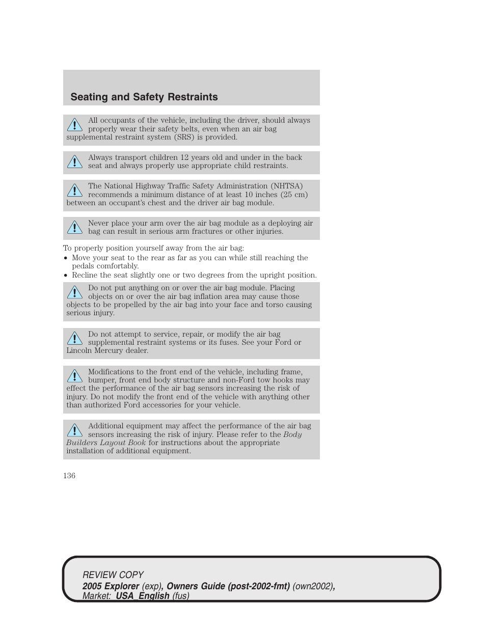 Seating and safety restraints | FORD 2005 Explorer v.1 User Manual | Page 136 / 320