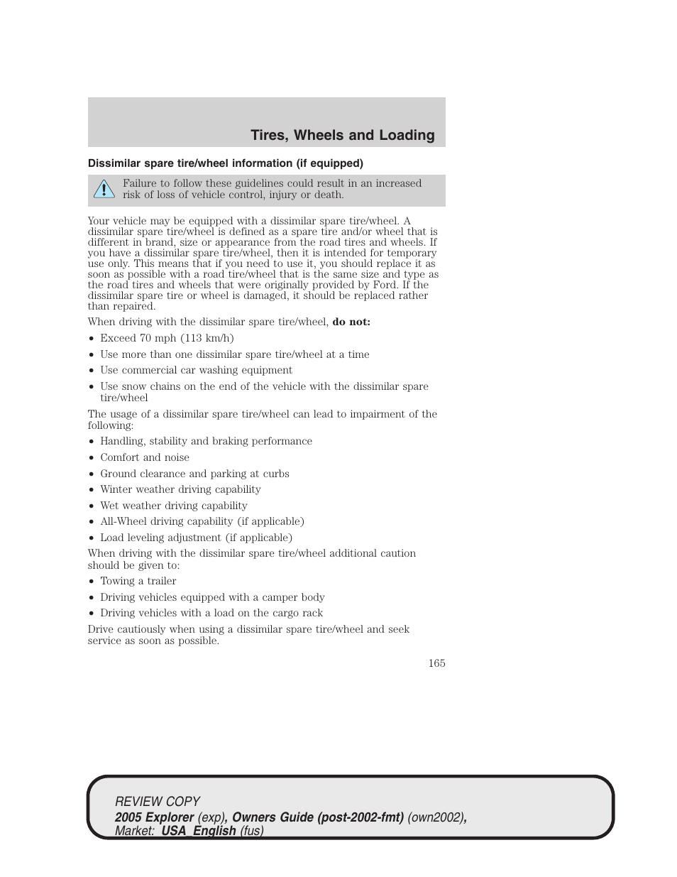 Tires, wheels and loading | FORD 2005 Explorer v.1 User Manual | Page 165 / 320