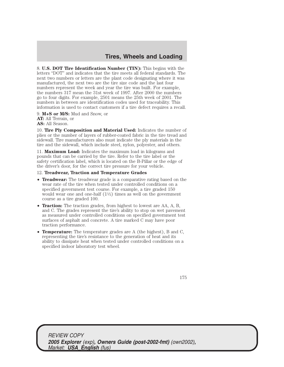 Tires, wheels and loading | FORD 2005 Explorer v.1 User Manual | Page 175 / 320